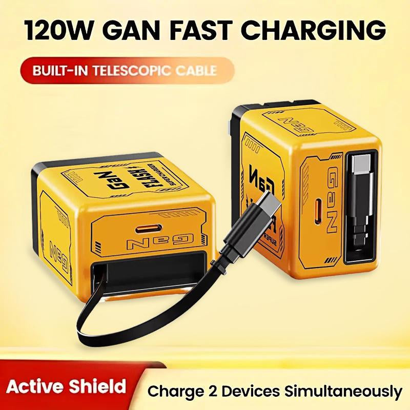 Gan Charger Compatible with 120W Fast Charger with Retractable Type-C and Ligting Cable,Portable Adapter for Iphone 16, Ipad, Macbook, Multi-Device Fast Charging, Folding Charing Cellphone Electronic