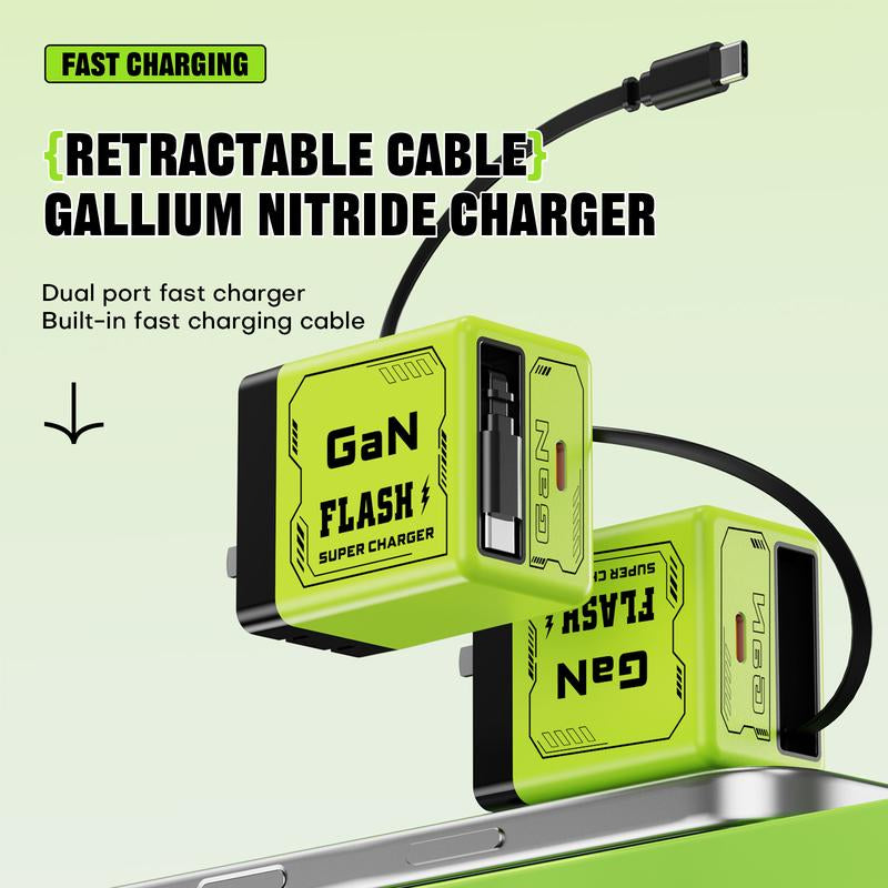 Gan Charger Compatible with 120W Fast Charger with Retractable Type-C and Ligting Cable,Portable Adapter for Iphone 16, Ipad, Macbook, Multi-Device Fast Charging, Folding Charing Cellphone Electronic