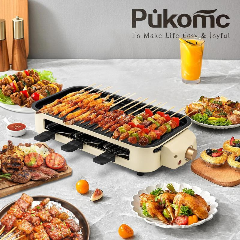 Pukomc 1500W Yellow Electric Grill—Smokeless Indoor Cooking with Non-Stick Plate, 3 Raclette Pans & Dishwasher-Safe Parts. Great for Steaks, Hot Dogs & More!
