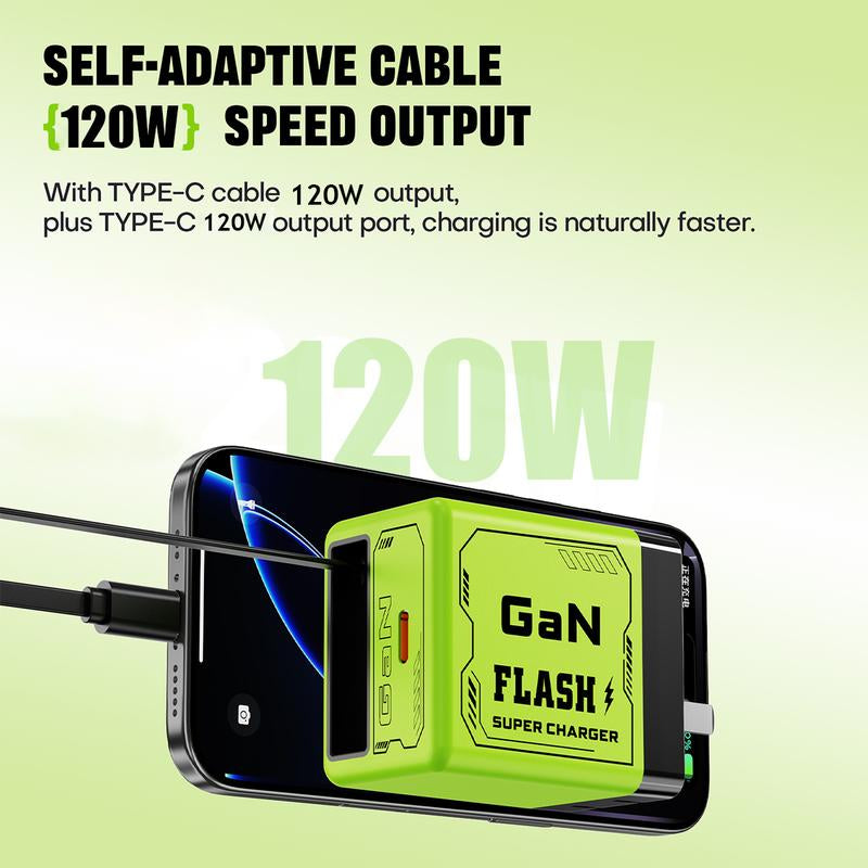 Gan Charger Compatible with 120W Fast Charger with Retractable Type-C and Ligting Cable,Portable Adapter for Iphone 16, Ipad, Macbook, Multi-Device Fast Charging, Folding Charing Cellphone Electronic