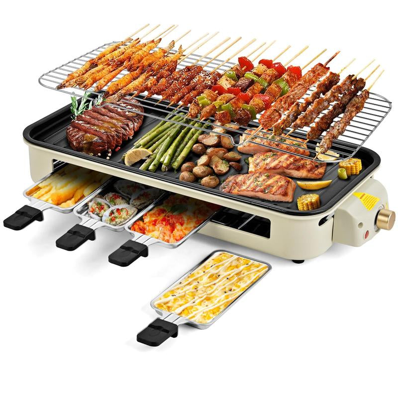 Pukomc 1500W Yellow Electric Grill—Smokeless Indoor Cooking with Non-Stick Plate, 3 Raclette Pans & Dishwasher-Safe Parts. Great for Steaks, Hot Dogs & More!