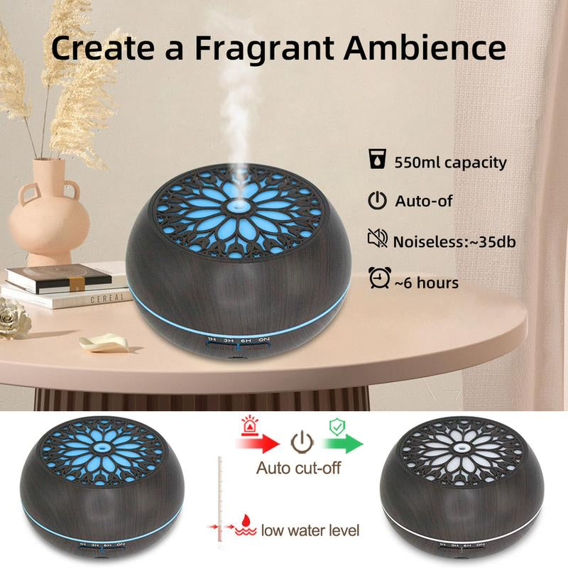 Aromatherapy Diffuser Set: 550ml Essential Oil Diffuser with Remote Control, 6 Fragrance Oils, 7 Color LED Lights, and Auto Shut-Off Feature - Ideal Gift for Holidays, Birthdays, and Self-Care