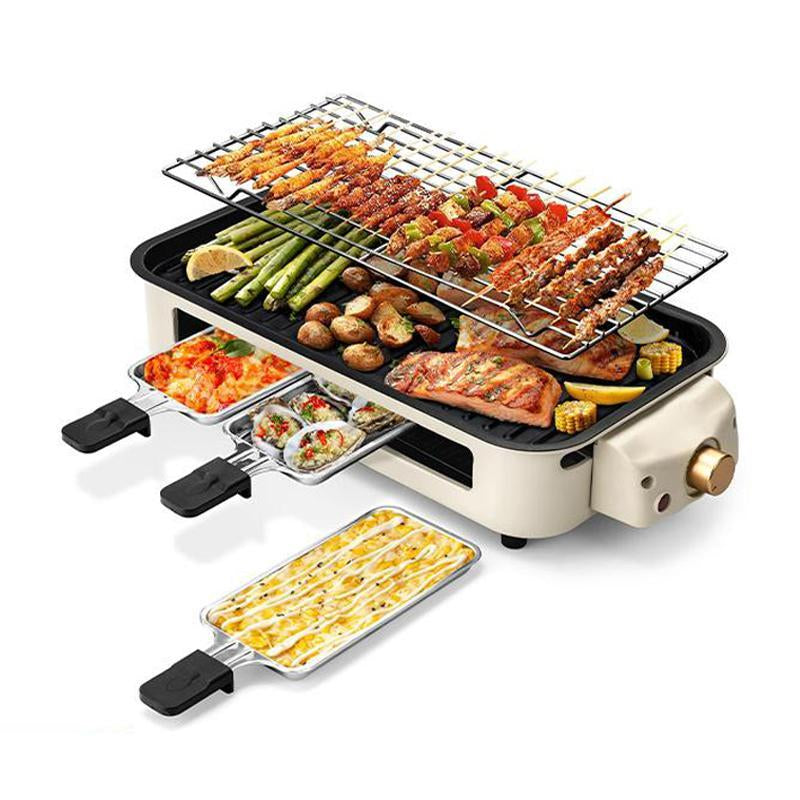 Pukomc 1500W Yellow Electric Grill—Smokeless Indoor Cooking with Non-Stick Plate, 3 Raclette Pans & Dishwasher-Safe Parts. Great for Steaks, Hot Dogs & More!