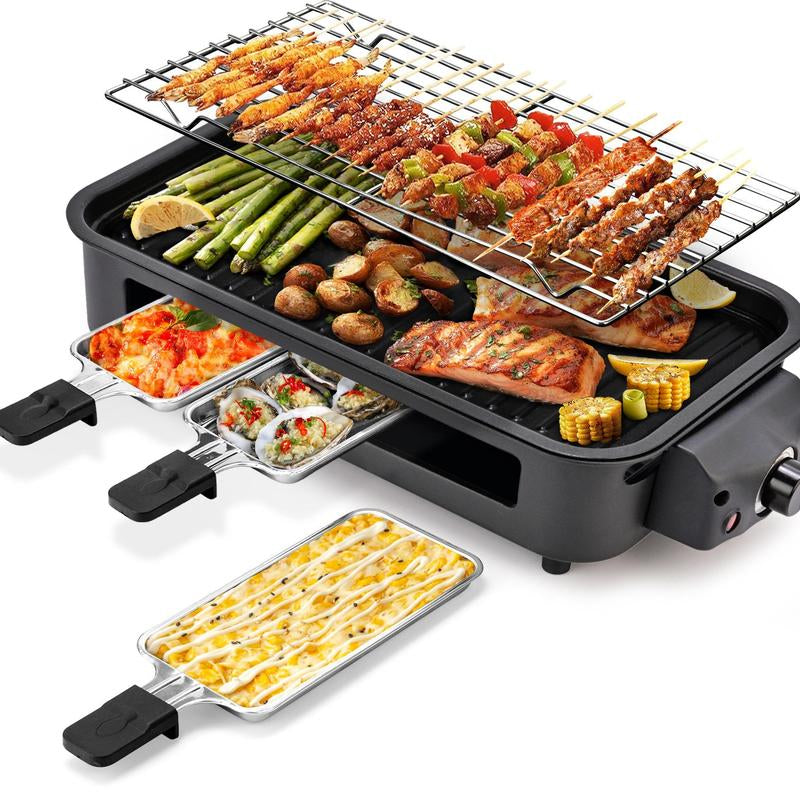 Pukomc 1500W Yellow Electric Grill—Smokeless Indoor Cooking with Non-Stick Plate, 3 Raclette Pans & Dishwasher-Safe Parts. Great for Steaks, Hot Dogs & More!