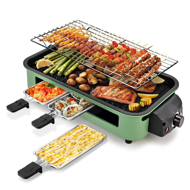 Pukomc 1500W Yellow Electric Grill—Smokeless Indoor Cooking with Non-Stick Plate, 3 Raclette Pans & Dishwasher-Safe Parts. Great for Steaks, Hot Dogs & More!