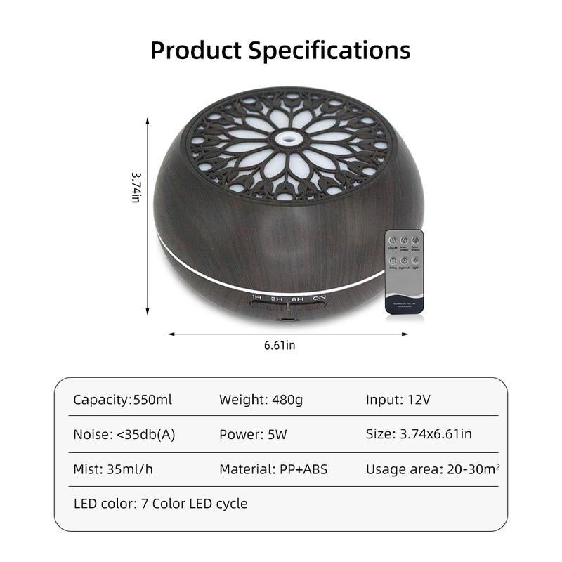 Aromatherapy Diffuser Set: 550ml Essential Oil Diffuser with Remote Control, 6 Fragrance Oils, 7 Color LED Lights, and Auto Shut-Off Feature - Ideal Gift for Holidays, Birthdays, and Self-Care