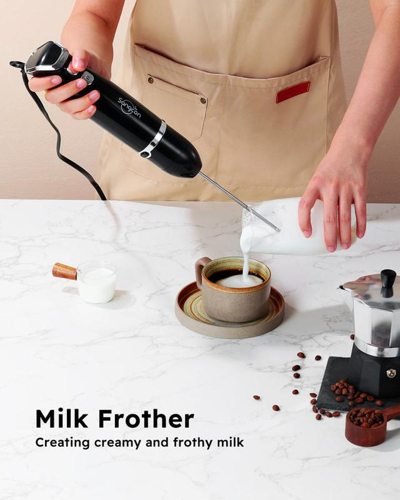 Sangcon 3-In-1 Hand Blender,400W Electric Immersion Blender,Dual-Speed Efficiency, Stainless Steel Blade Stick Mixer with Whisk, Milk Frother Attachments - Black,For Baby Food, Smoothies,Liebe&Lecker Soup Blender