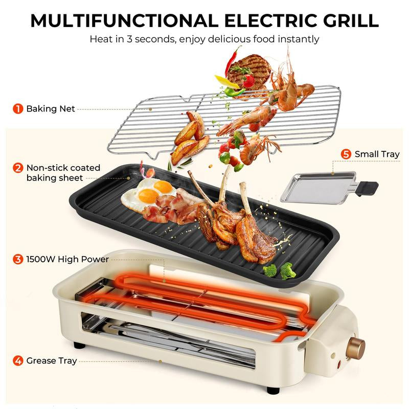 Pukomc 1500W Yellow Electric Grill—Smokeless Indoor Cooking with Non-Stick Plate, 3 Raclette Pans & Dishwasher-Safe Parts. Great for Steaks, Hot Dogs & More!