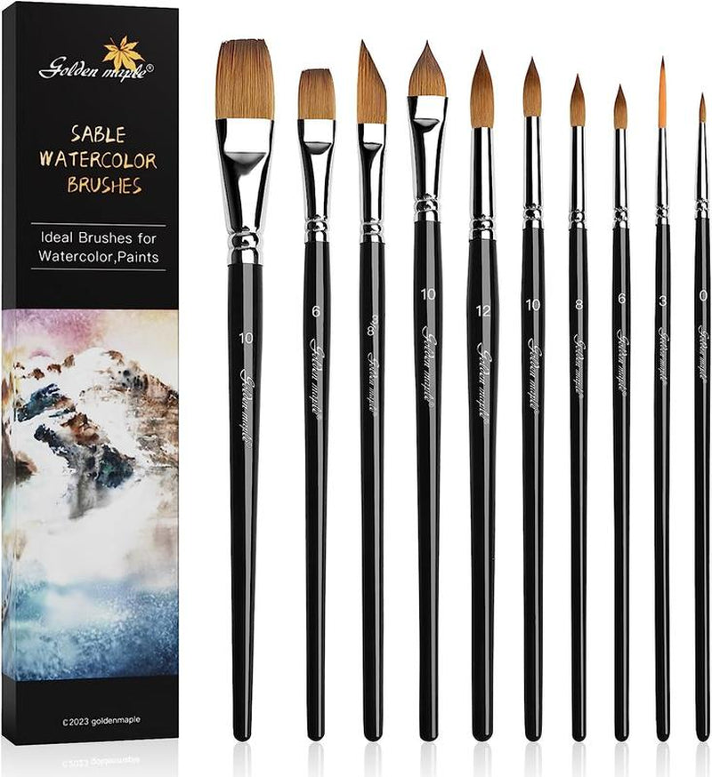 Golden Maple 10PCS Sable Watercolor Paint Brush Set-Round Tip, Flats, Dagger, Oval Wash for Detail Painting, Water Color, Gouache