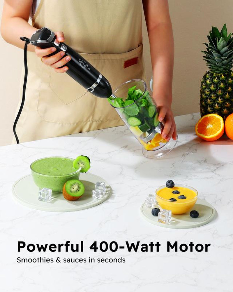Sangcon 3-In-1 Hand Blender,400W Electric Immersion Blender,Dual-Speed Efficiency, Stainless Steel Blade Stick Mixer with Whisk, Milk Frother Attachments - Black,For Baby Food, Smoothies,Liebe&Lecker Soup Blender