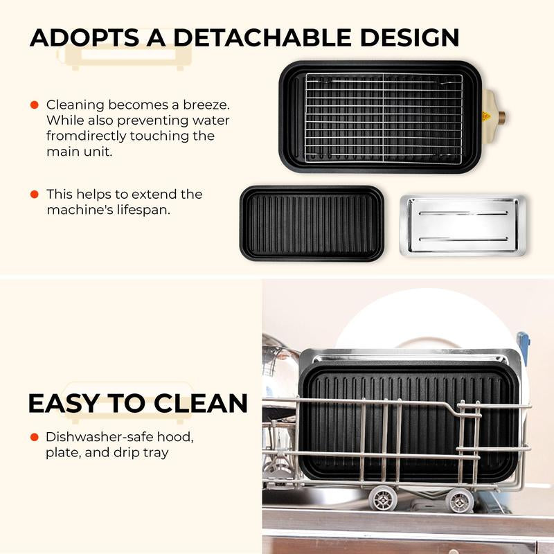 Pukomc 1500W Yellow Electric Grill—Smokeless Indoor Cooking with Non-Stick Plate, 3 Raclette Pans & Dishwasher-Safe Parts. Great for Steaks, Hot Dogs & More!