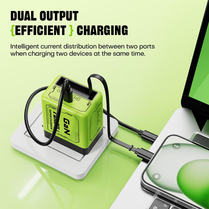 Gan Charger Compatible with 120W Fast Charger with Retractable Type-C and Ligting Cable,Portable Adapter for Iphone 16, Ipad, Macbook, Multi-Device Fast Charging, Folding Charing Cellphone Electronic