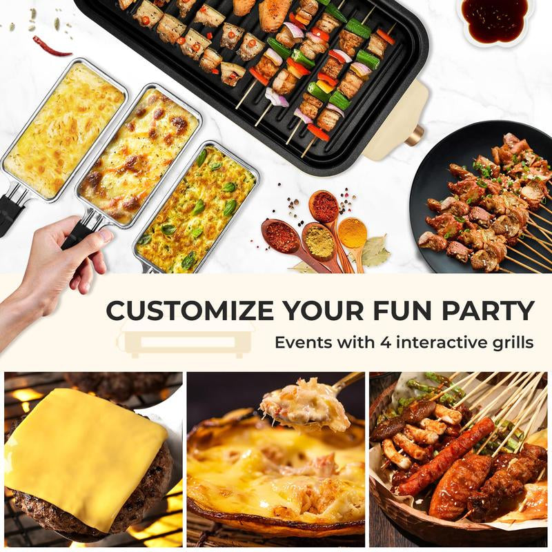 Pukomc 1500W Yellow Electric Grill—Smokeless Indoor Cooking with Non-Stick Plate, 3 Raclette Pans & Dishwasher-Safe Parts. Great for Steaks, Hot Dogs & More!