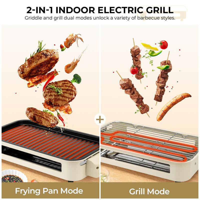 Pukomc 1500W Yellow Electric Grill—Smokeless Indoor Cooking with Non-Stick Plate, 3 Raclette Pans & Dishwasher-Safe Parts. Great for Steaks, Hot Dogs & More!