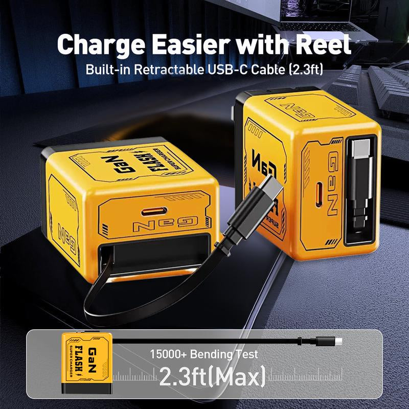 Gan Charger Compatible with 120W Fast Charger with Retractable Type-C and Ligting Cable,Portable Adapter for Iphone 16, Ipad, Macbook, Multi-Device Fast Charging, Folding Charing Cellphone Electronic