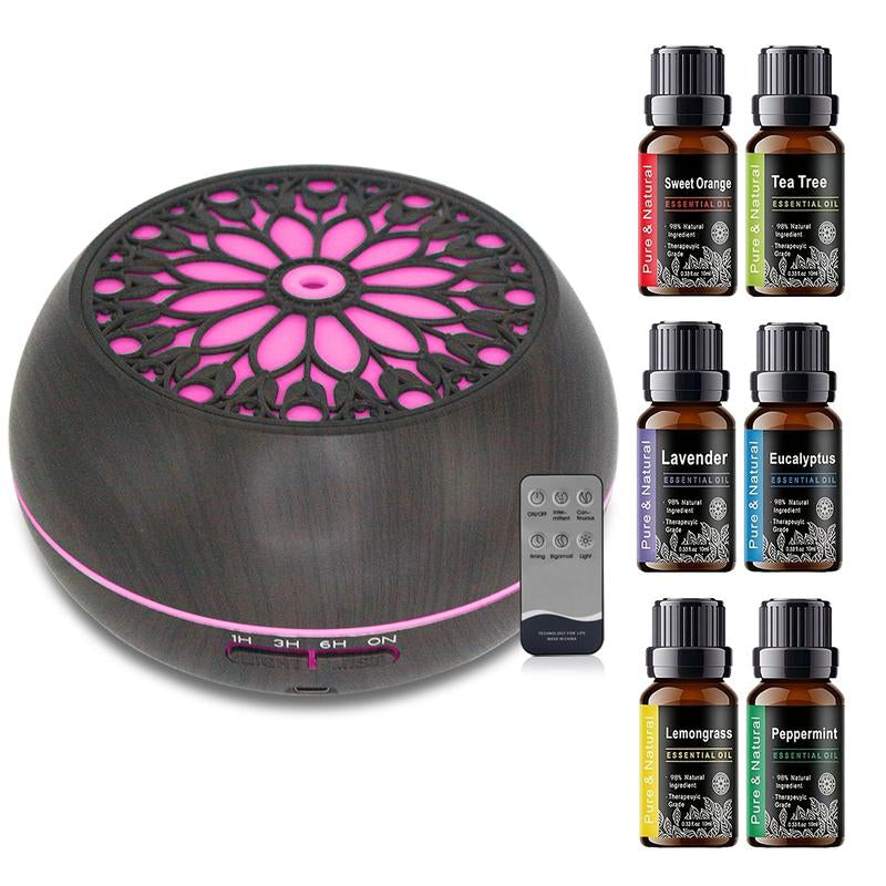 Aromatherapy Diffuser Set: 550ml Essential Oil Diffuser with Remote Control, 6 Fragrance Oils, 7 Color LED Lights, and Auto Shut-Off Feature - Ideal Gift for Holidays, Birthdays, and Self-Care