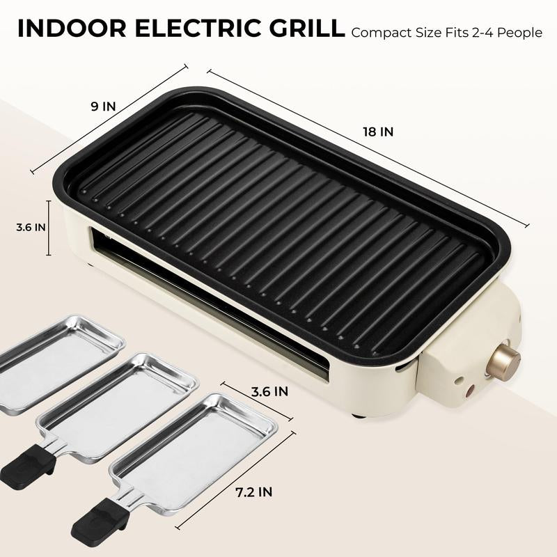 Pukomc 1500W Yellow Electric Grill—Smokeless Indoor Cooking with Non-Stick Plate, 3 Raclette Pans & Dishwasher-Safe Parts. Great for Steaks, Hot Dogs & More!