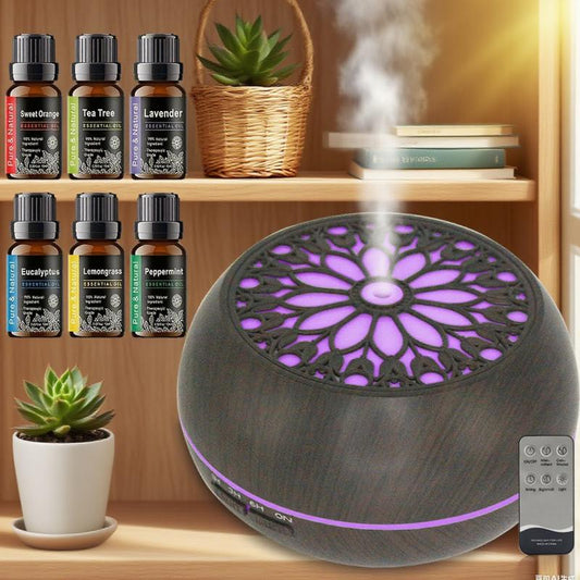 Aromatherapy Diffuser Set: 550ml Essential Oil Diffuser with Remote Control, 6 Fragrance Oils, 7 Color LED Lights, and Auto Shut-Off Feature - Ideal Gift for Holidays, Birthdays, and Self-Care