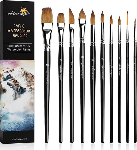 Golden Maple 10PCS Sable Watercolor Paint Brush Set-Round Tip, Flats, Dagger, Oval Wash for Detail Painting, Water Color, Gouache