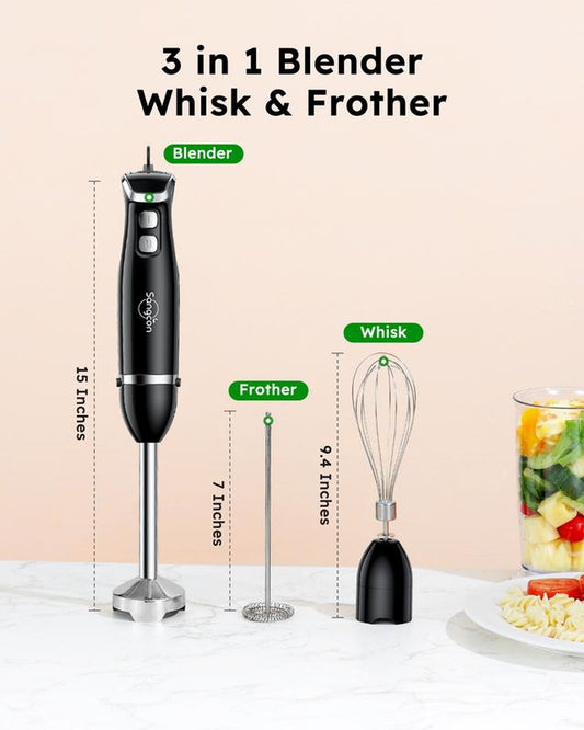 Sangcon 3-In-1 Hand Blender,400W Electric Immersion Blender,Dual-Speed Efficiency, Stainless Steel Blade Stick Mixer with Whisk, Milk Frother Attachments - Black,For Baby Food, Smoothies,Liebe&Lecker Soup Blender