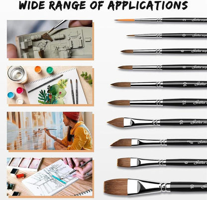 Golden Maple 10PCS Sable Watercolor Paint Brush Set-Round Tip, Flats, Dagger, Oval Wash for Detail Painting, Water Color, Gouache