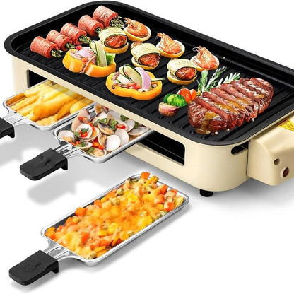 Pukomc 1500W Yellow Electric Grill—Smokeless Indoor Cooking with Non-Stick Plate, 3 Raclette Pans & Dishwasher-Safe Parts. Great for Steaks, Hot Dogs & More!