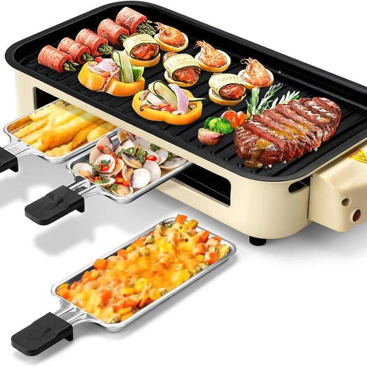Pukomc 1500W Yellow Electric Grill—Smokeless Indoor Cooking with Non-Stick Plate, 3 Raclette Pans & Dishwasher-Safe Parts. Great for Steaks, Hot Dogs & More!