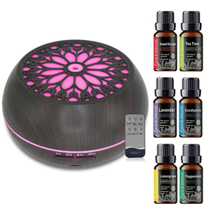 Aromatherapy Diffuser Set: 550ml Essential Oil Diffuser with Remote Control, 6 Fragrance Oils, 7 Color LED Lights, and Auto Shut-Off Feature - Ideal Gift for Holidays, Birthdays, and Self-Care
